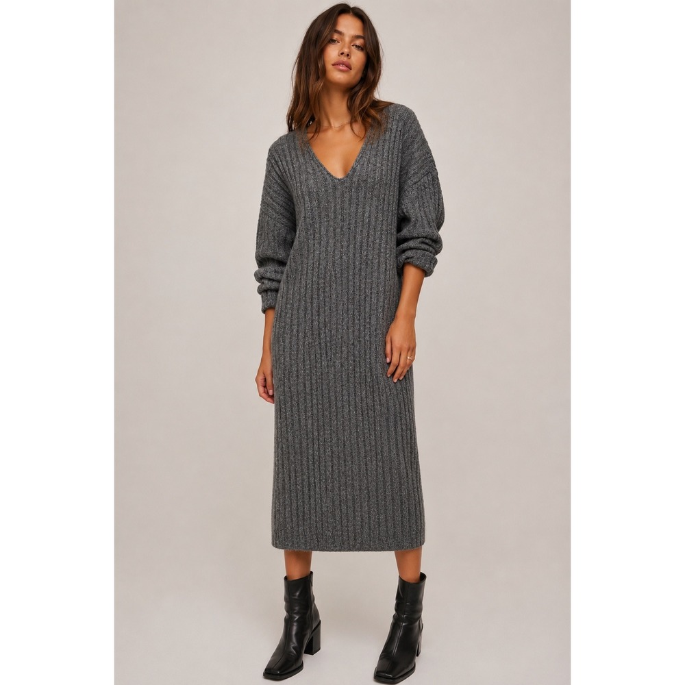 ASOS‎ DESIGN Womens Ribbed Knit V-Neck Midi Sweater Dress Grey Medium Wool Blend